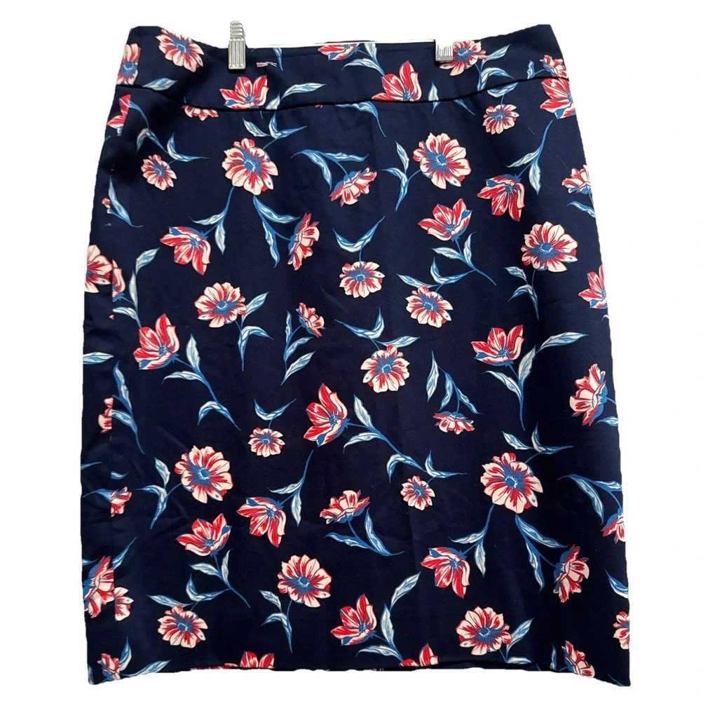 Land's End‎ White Navy Printed Lined Floral Zip  A Line Skirt SZ 12